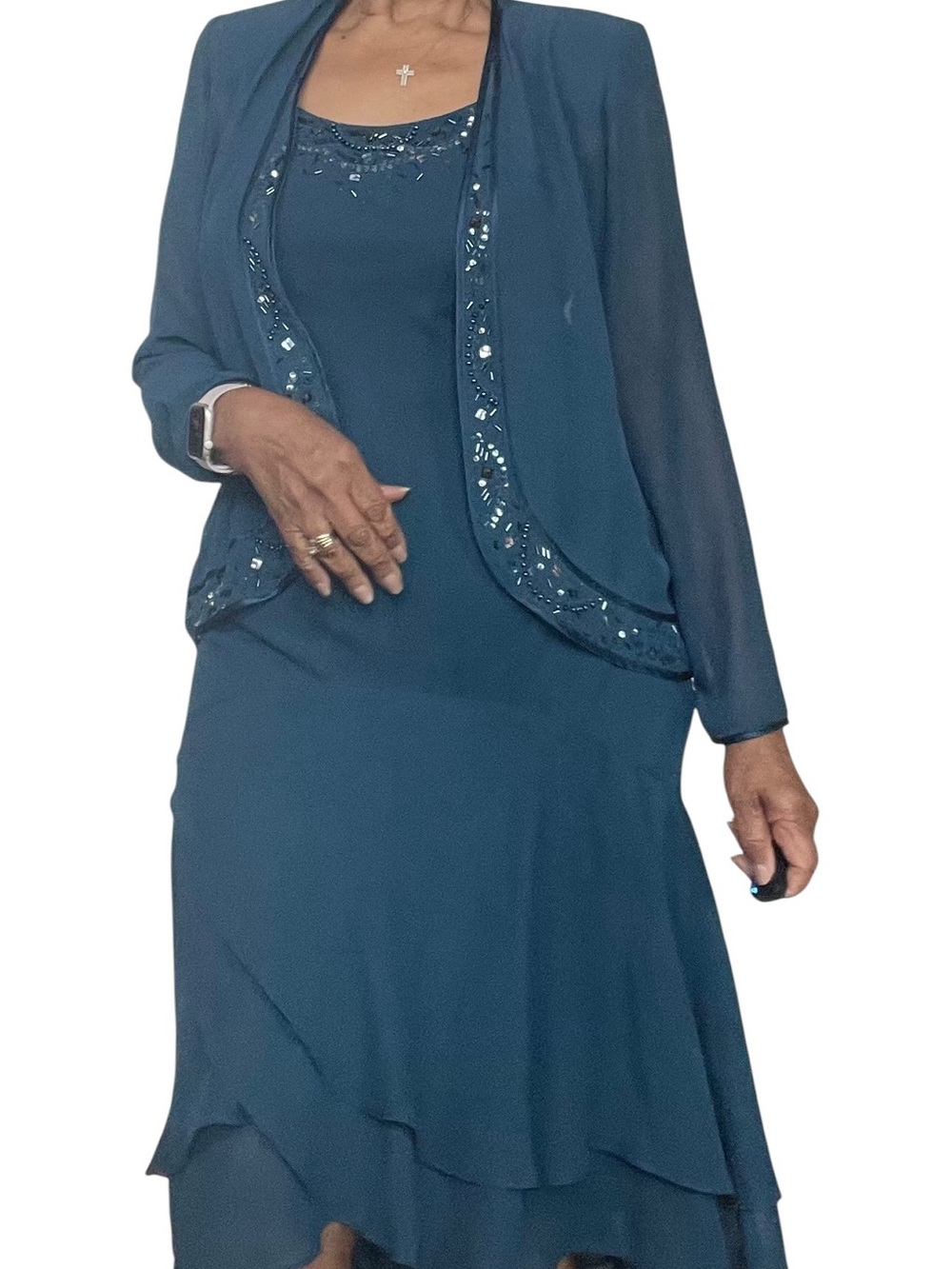 S.L. Fashions Teal Layered Midi Dress with Beaded Jacket - Picture 10 of 12